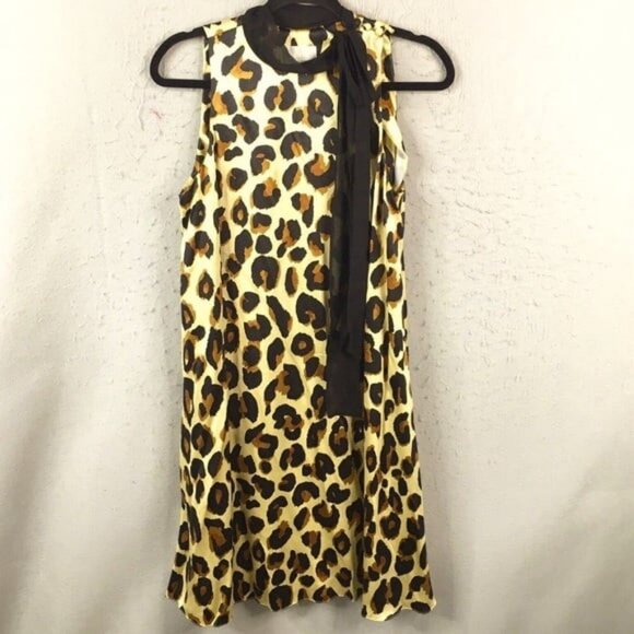 DONNA MORGAN Y2K Leopard Print Silk Tunic Mini Dress Sleeveless 4 MSRP $300 - Picture 2 of 6